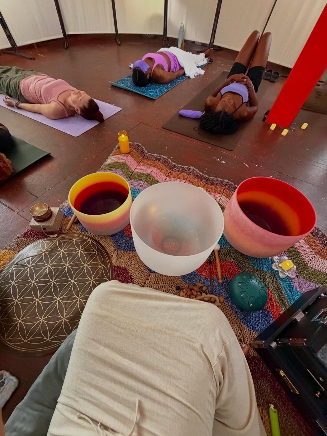 Sound bath session with crystal bowls